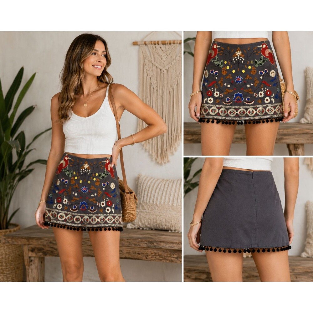 Embroidered Boho Mini Skirt Women's Small Gray Floral Pom Trim Festival